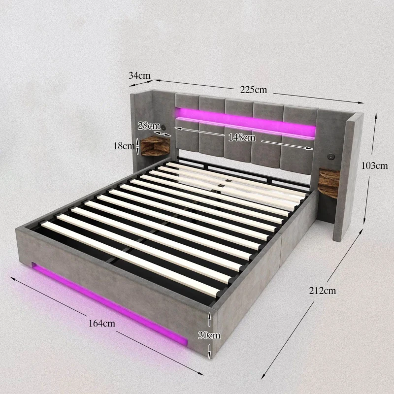 Struttura letto in velluto con striscia LED e comodini integrati, 225x212x103 cm, Grigio Scuro