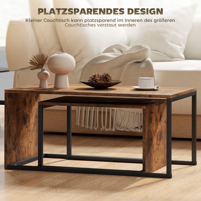 HOMCOM Set van 2 Salontafels, Sofatafel, Bijzettafel, MDF, Metaal, 90 x 48 x 42 cm / 59 x 42 x 36 cm, Zwart+Bruin