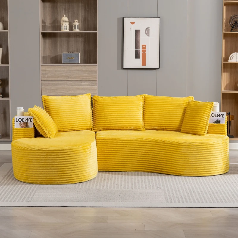 Bogesofa em veludo cotelê, com porta-copos em ambos os lados e bolso lateral, inclui almofadas, 250x152x82 cm, Amarelo