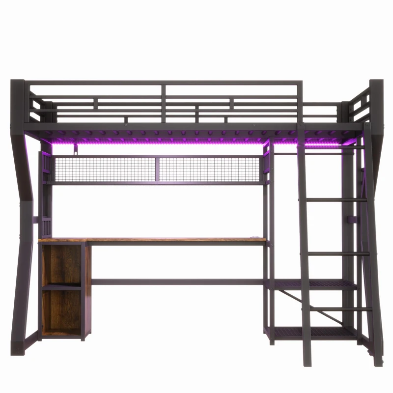 Lit mezzanine pour matelas 90×200 cm, compartiments de rangement et espace ouvert sous le lit, sans matelas, 204x131,5x180 cm, Noir