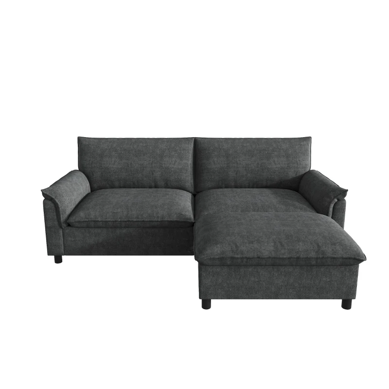 Divano angolare modulare con pouf poggiapiedi flessibile e vano portaoggetti nascosto, 216x77x82 cm, Nero