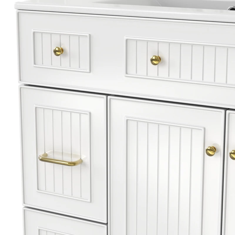 Mobile bagno indipendente con lavabo in ceramica, piedini in legno e maniglie in metallo, 81.7x46.8x90 cm, Bianco