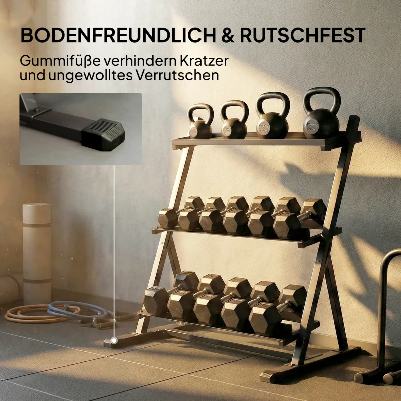 SPORTNOW Verstellbarer Dreistöckiger Hantelständer Max. 200kg Rutschfest Kurzhantelständer mit Verstellbare Stangen
