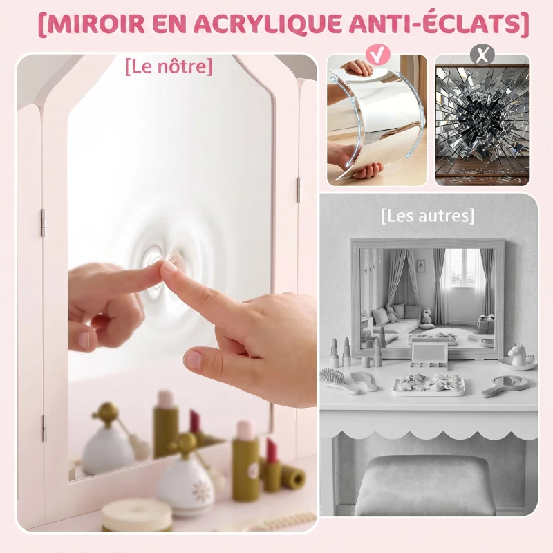 AIYAPLAY Coiffeuse pour Enfants avec Tabouret et Miroir à Trois Volets en Acrylique, 2 Tiroirs et 2 Placards, Rose