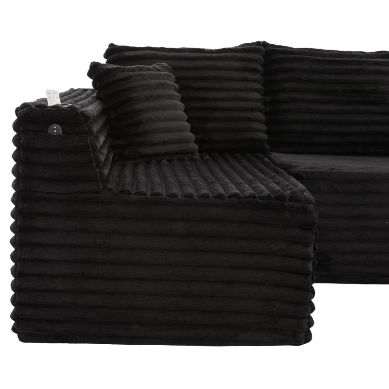 Divano a U in velluto a coste con portabicchieri integrato e tasca laterale, imbottitura a molle, 320x155x88 cm, Nero