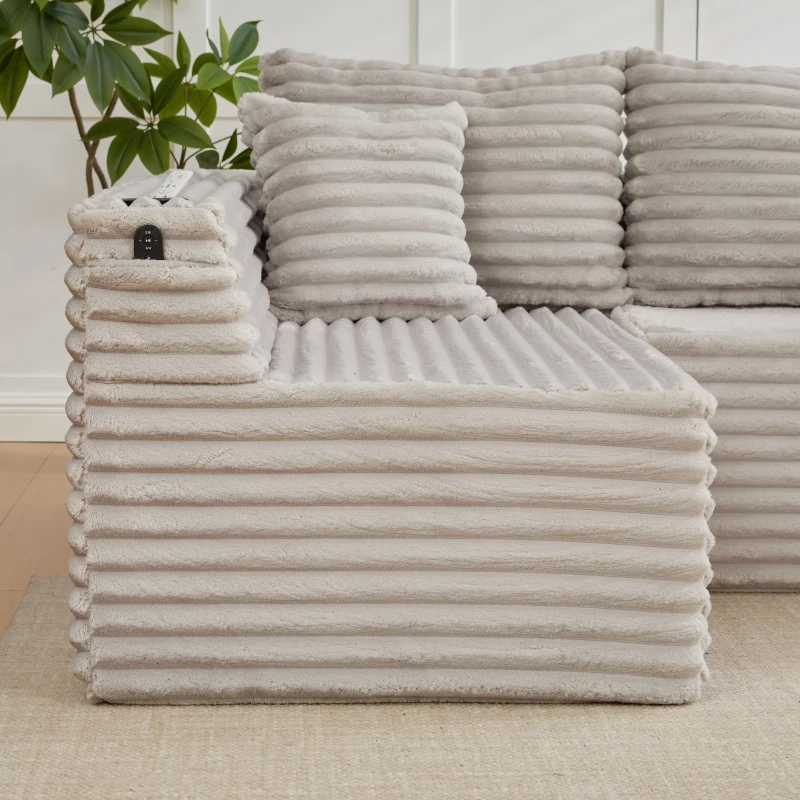Divano a U in velluto a coste con portabicchieri integrato e tasca laterale, imbottitura a molle, 320x155x88 cm, Grigio chiaro