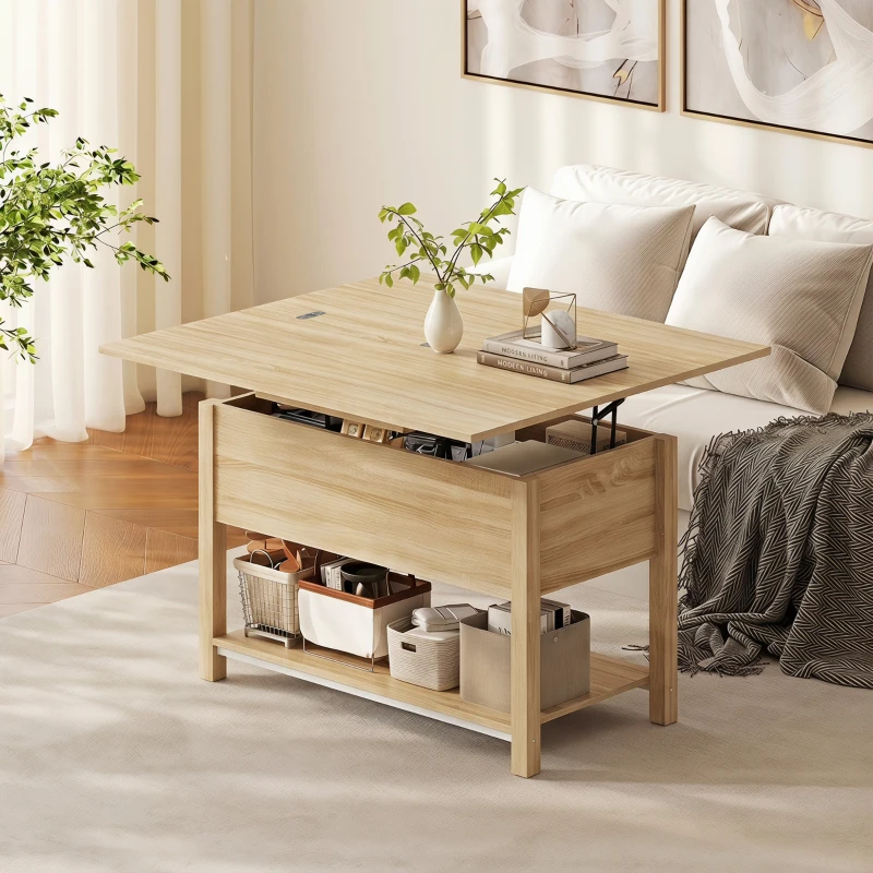 HOMCOM Mesa de centro elevável e extensível mesa de sala com compartimento oculto prateleira aberta 100x45x50,5cm madeira natural