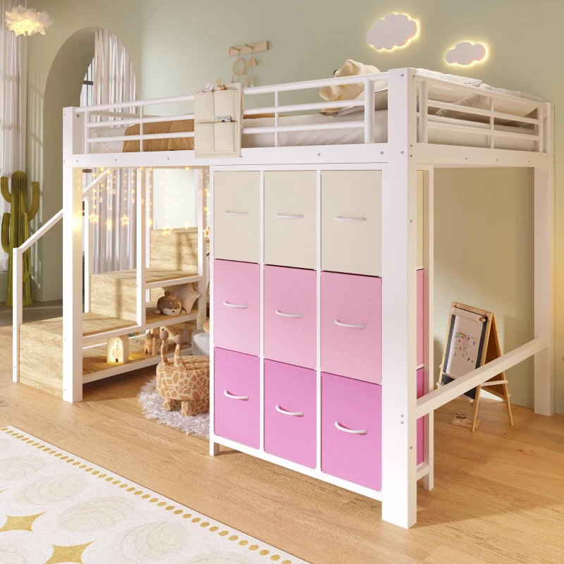 Cama alta 140×200 cm, escalera con almacenaje y bolsa de tela, sin colchón, 251,5x145x140 cm, Blanco