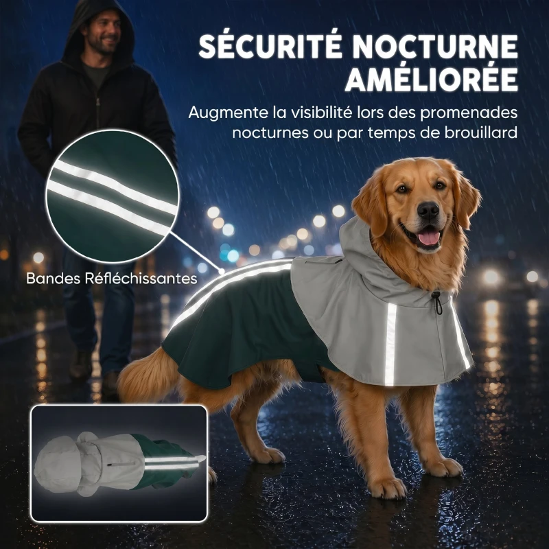 PawHut Imperméable pour Chien avec Capuche, Bandes Réfléchissantes, Ouverture pour Laisse, 110x72x0,5cm, Vert