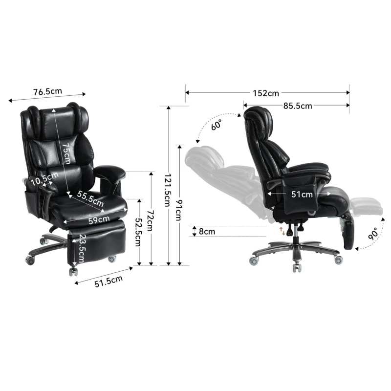 XXL Cadeira de escritório ergonómica, função de massagem e aquecimento, apoio de pés extensível e encosto regulável, 85,5x76,5x121,5 cm, Preto
