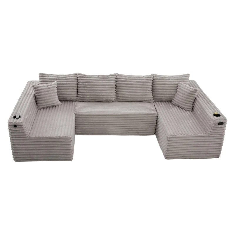 Divano a U in velluto a coste con portabicchieri integrato e tasca laterale, imbottitura a molle, 320x155x88 cm, Grigio chiaro