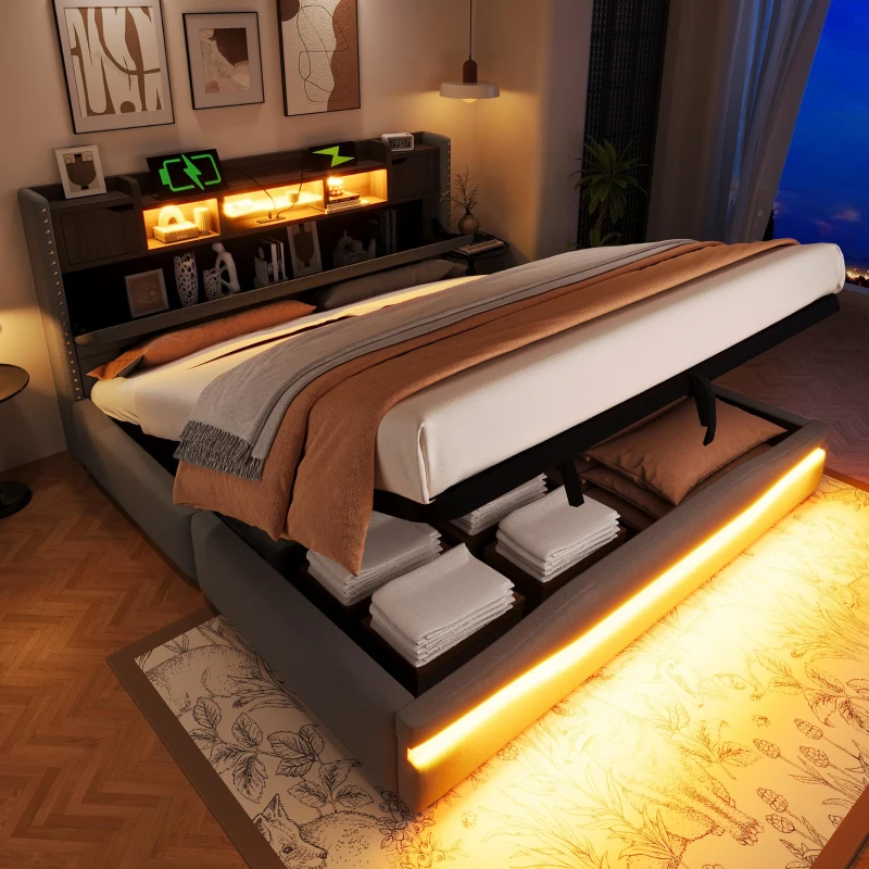 Cama estofada 180×200 cm, cama com arrumação hidráulica, sem colchão, 219x186,5x110 cm, Cinzento