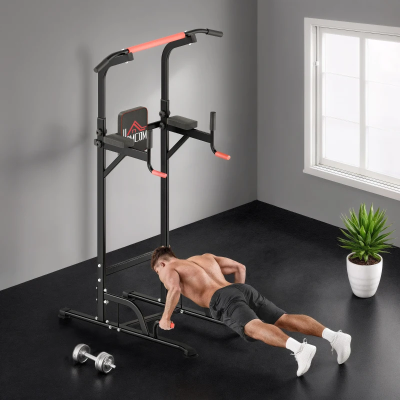HOMCOM Máquina de Dominadas con Altura Ajustable Carga Máx. 120 kg para Entrenamiento Fitness 123x98x189-239 cm Negro y Rojo