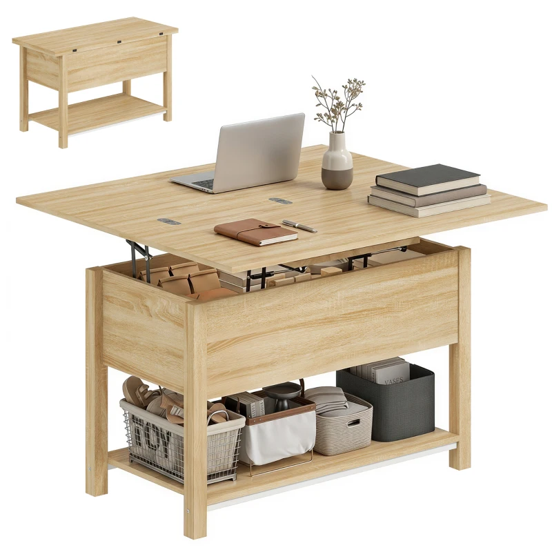HOMCOM Höhenverstellbarer und ausziehbarer Couchtisch Wohnzimmertisch mit verstecktem Fach offener Ablage 100x45x50,5cm Naturholz