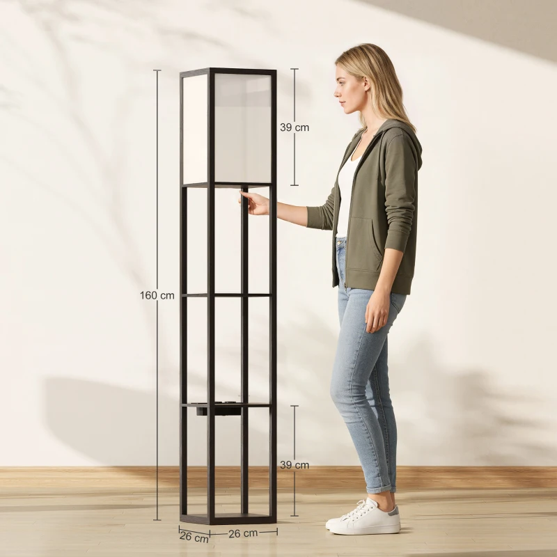 HOMCOM Lampada da Terra con Ripiani, Luce Regolabile, Interruttore a Pedale e Porte USB, Nero