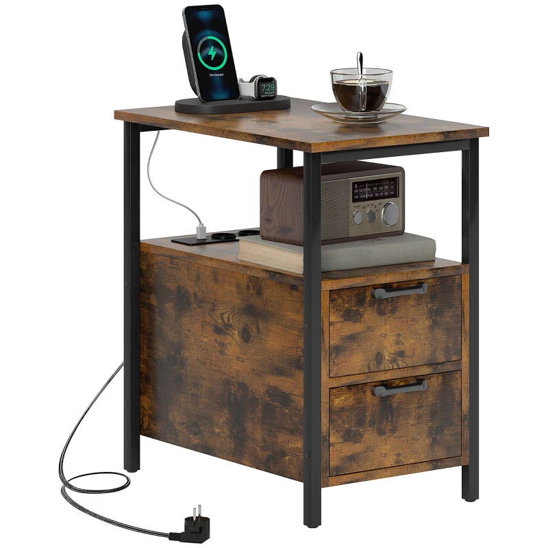 HOMCOM Bijzettafel met Oplaadstation, USB, Stopcontacten, 2 Laden en Plank voor Woonkamer, Slaapkamer
