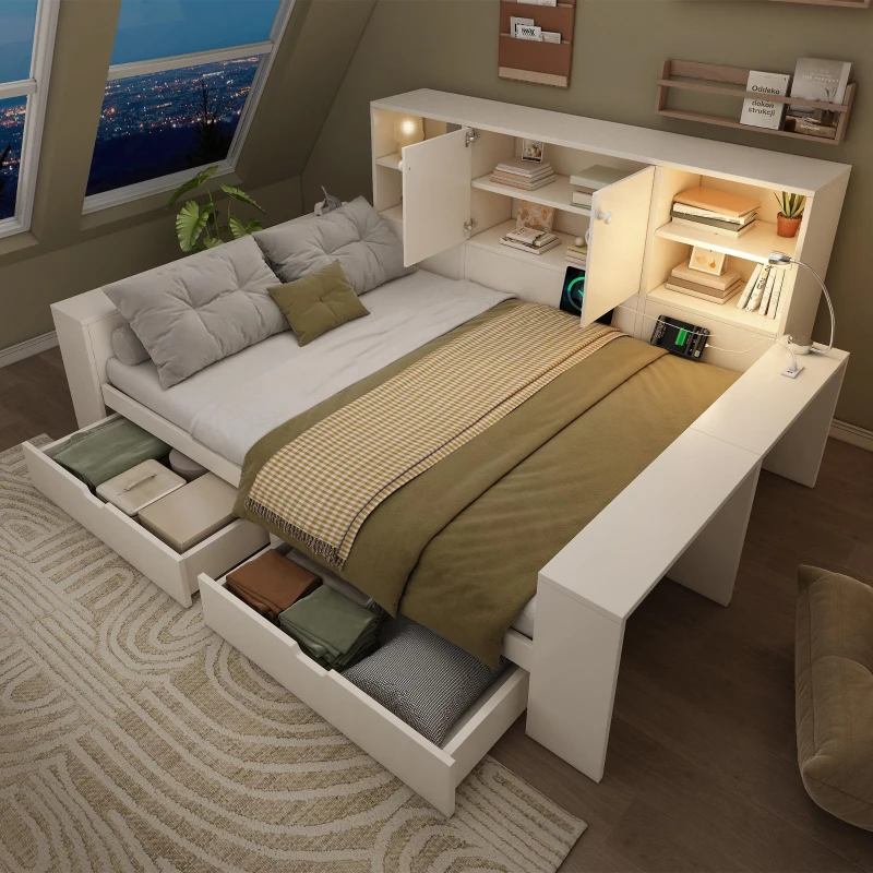 Cama com arrumação 140x200 cm, cama de dia com 2 gavetas em rodas, arrumação de 35 cm de profundidade com portas duplas, 237x183x100 cm, Branco
