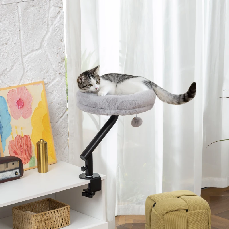 PawHut Lit de Bureau pour Chat Rotation de 360° et Hauteur Réglable, Lit pour Chat Lavable avec Balle Jouet,  35x35x48cm, Gris