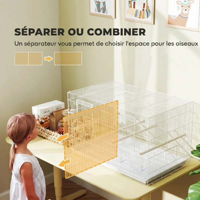 PawHut Cage à Oiseaux Volière Intérieur Acier avec Séparateur, 4 Perchoirs, Plateau Coulissant, 4 Mangeoires, 76x46x46cm, Blanc