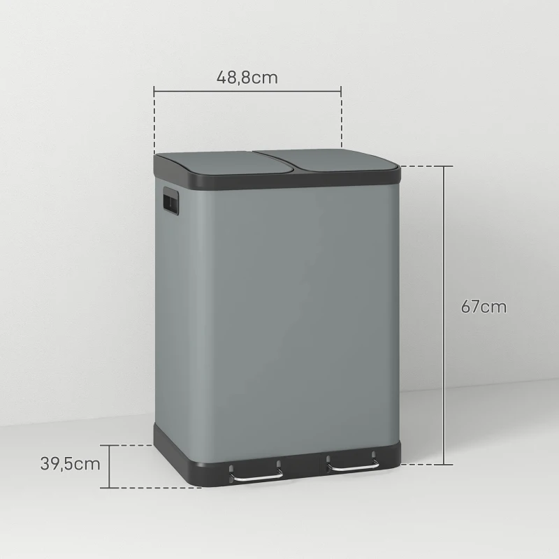 HOMCOM Dubbele Sector Prullenbak, 2 x 30L, Vingerafdrukbestendig, Pedaal, Uitneembare Binnenemmers, Grijs