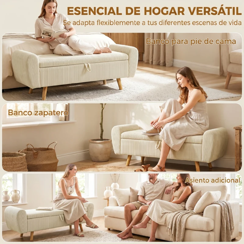 HOMCOM Banco Almacenaje 150 cm Tapizado en Pana Banco Pie de Cama con Brazos Redondeados y Patas de Madera Beige