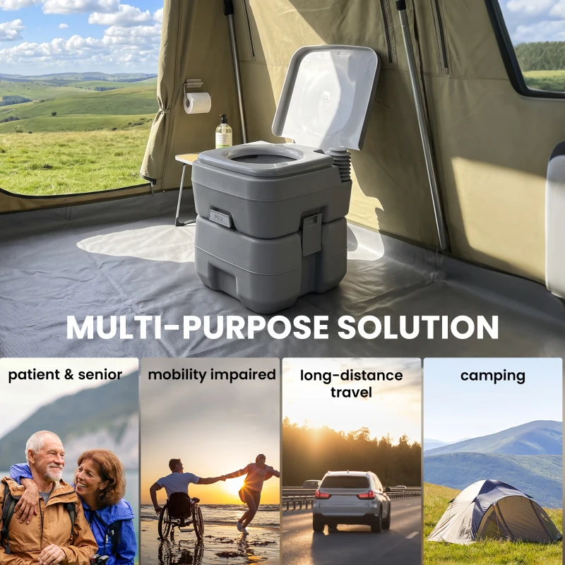 Outsunny Portable Camping Toilet, 20L Flushable Porta Potty Portaloo with 2 Detachable Tanks, Flush and Double Seal Valve for Outdoor Camping Hiking Travel Caravan