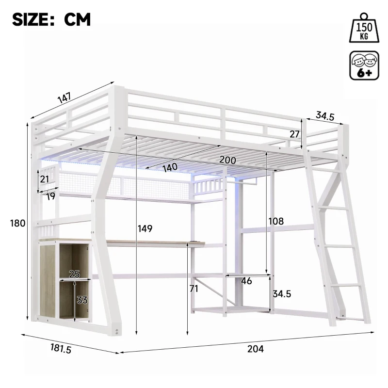 Cama alta 140x200 cm com secretária integrada, fita LED regulável e tomada integrada, 204x181,5x180 cm, Branco