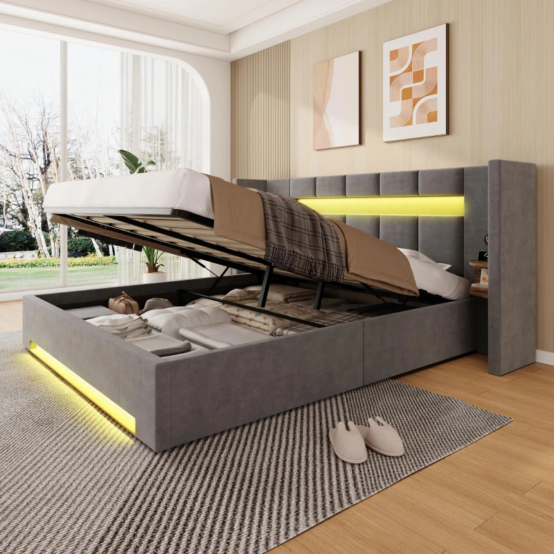 Struttura letto in velluto con striscia LED e comodini integrati, 225x212x103 cm, Grigio Scuro