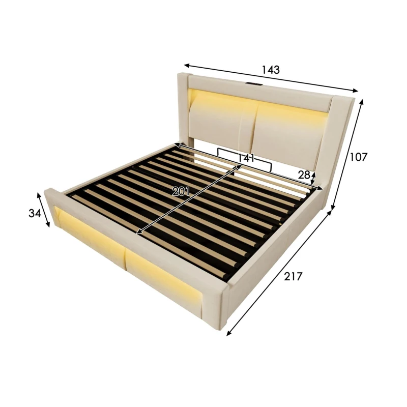 Letto matrimoniale 140x200 cm con leva idraulica, struttura in metallo con rete a doghe in legno, 217x143x107 cm, Beige