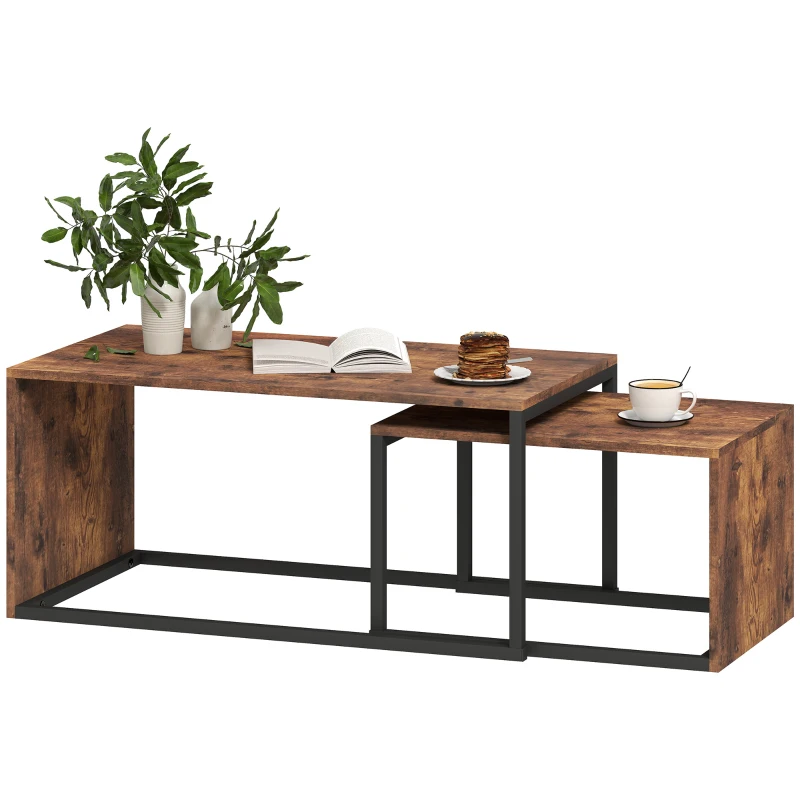 HOMCOM Set van 2 Salontafels, Sofatafel, Bijzettafel, MDF, Metaal, 90 x 48 x 42 cm / 59 x 42 x 36 cm, Zwart+Bruin