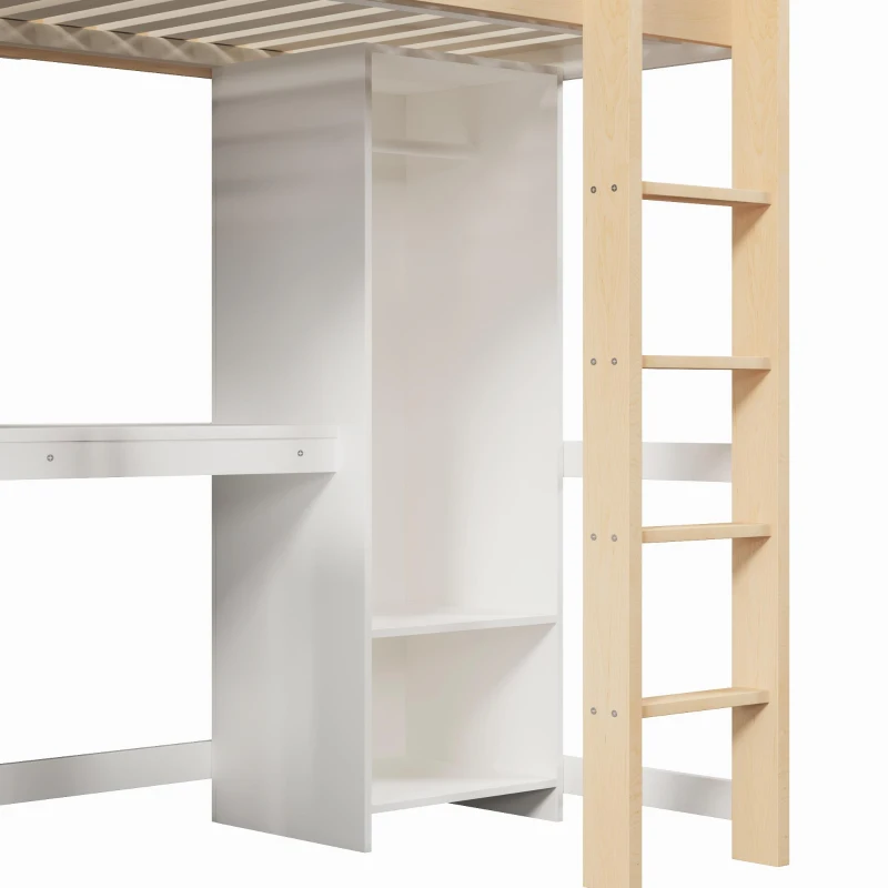 Cama alta 90x200 cm, grade de segurança para crianças a partir dos 6 anos, sem colchão, 232,5x100x189,5 cm, Cor natural