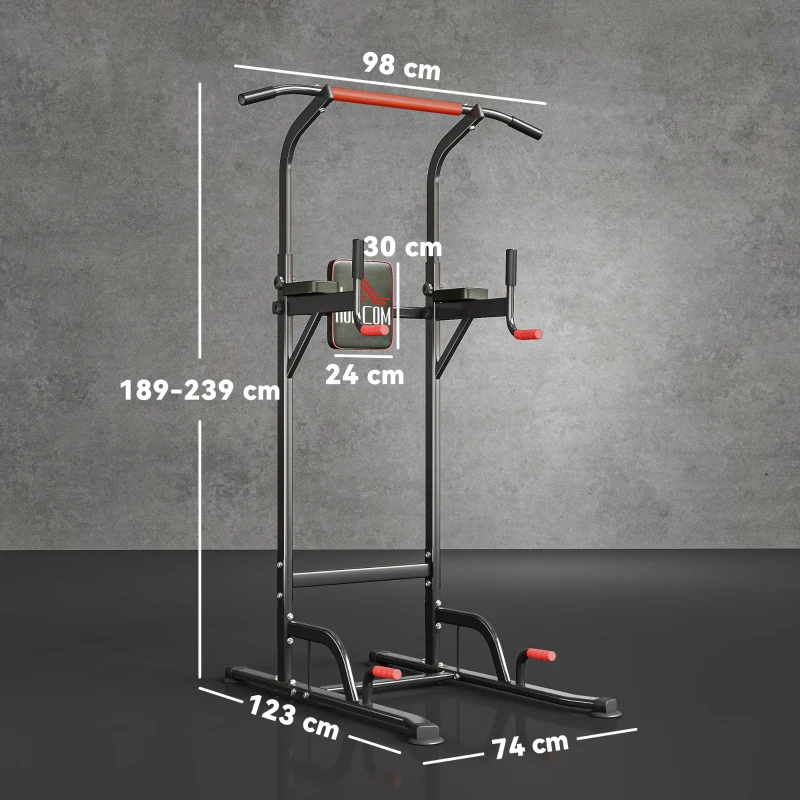 HOMCOM Máquina de Dominadas con Altura Ajustable Carga Máx. 120 kg para Entrenamiento Fitness 123x98x189-239 cm Negro y Rojo