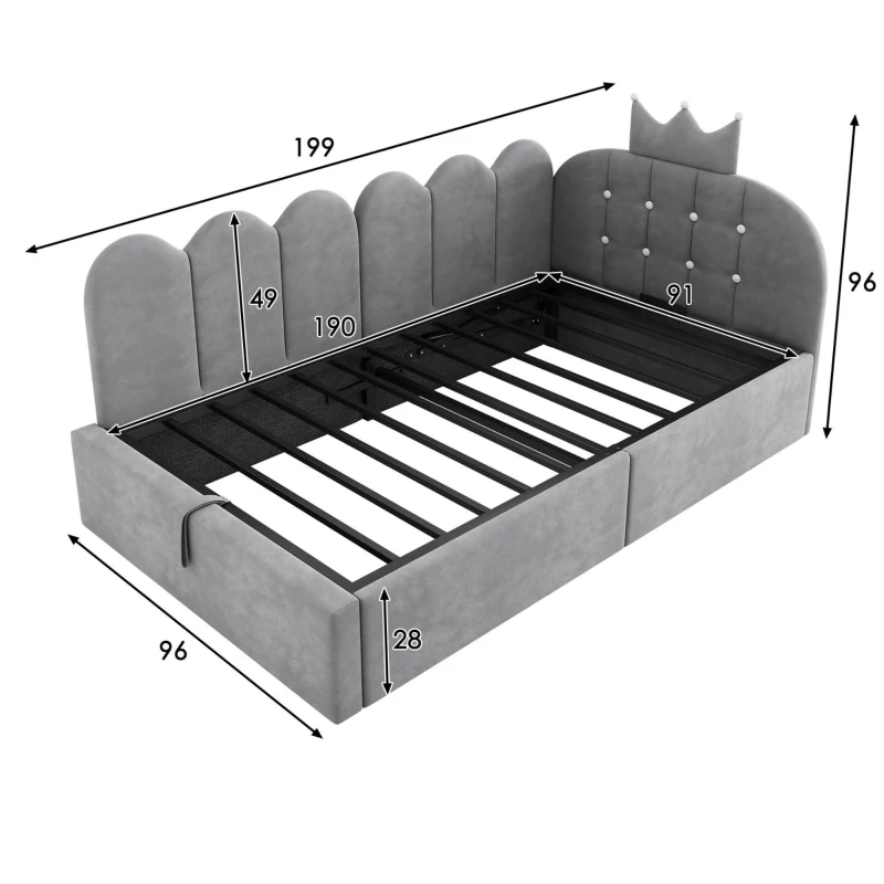 Letto singolo a L imbottito con spazio contenitore inferiore, 199x96x96 cm, Grigio
