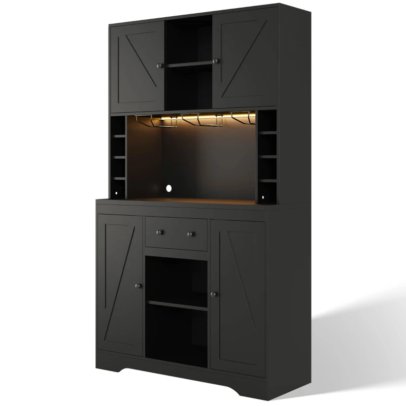 Dispensa da cucina con piano multiuso, ripiani regolabili, ganci in acciaio inox e cantinetta vini, 105x40x180 cm, Nero