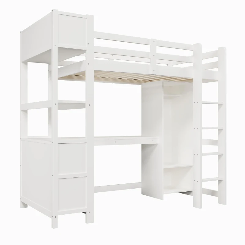 Cama alta 90x200 cm, grade de segurança para crianças a partir dos 6 anos, sem colchão, 232,5x100x189,5 cm, Branco