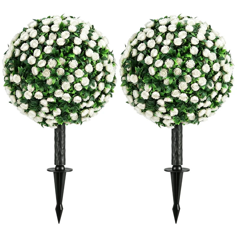 HOMCOM Kunstrozenbollen UV-bestendig voor buiten, set van 2 rozenbomen, 55 cm, wit
