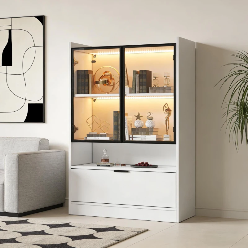 Vitrine LED moderna, iluminação LED RGB, compartimento abatível prático e prateleiras ajustáveis, 80x35x120 cm, Branco
