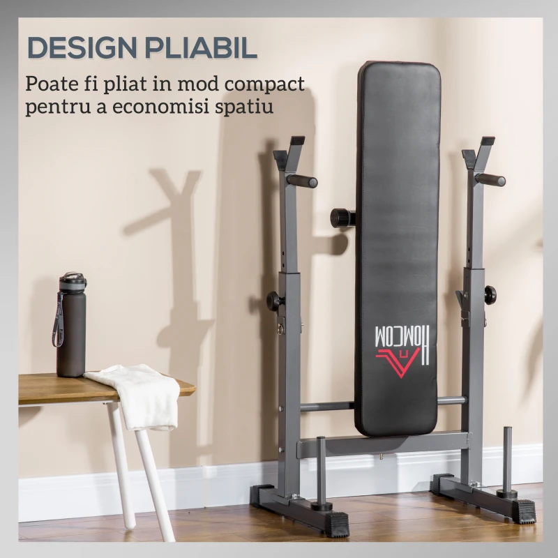 HOMCOM Bancă pentru Greutăți Pliabilă cu 8 Înălțimi Reglabile și Suport pentru Halteră din Oțel și PU, 140x73x98-122 cm, Gri