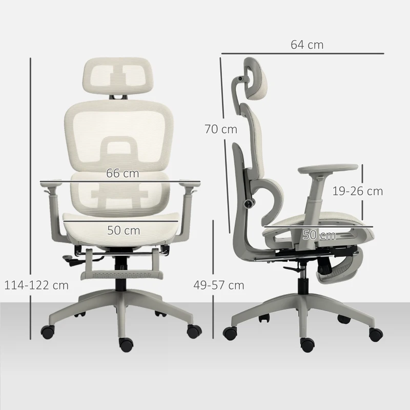 HOMCOM Cadeira de Escritório Ergonómica de Rede com Apoios de Braços 3D Reclinável até 135° Encosto de Cabeça Ajustável Bege