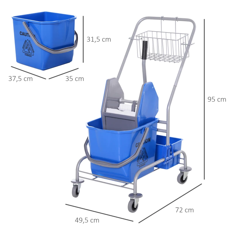 HOMCOM Schoonmaakwagen, Mopwagen, 25L Capaciteit, 4 Wielen, Kunststof, Blauw