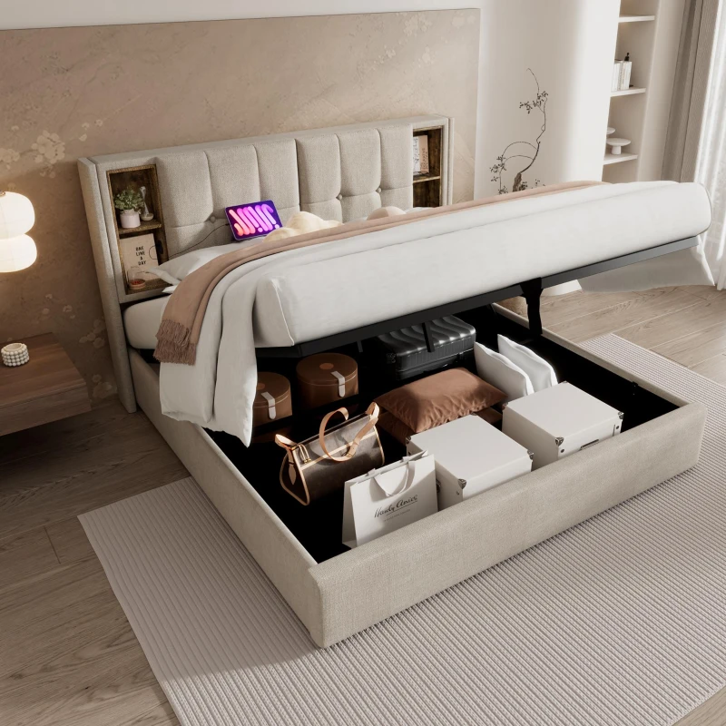 Letto contenitore con testiera portaoggetti, 206x185x100,5 cm, color legno