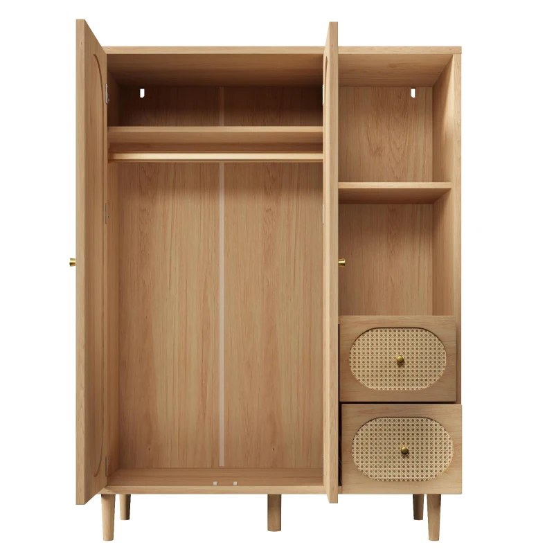 Guarda-roupa estilo rústico, 2 portas, 2 gavetas & prateleiras abertas para muito espaço de arrumação, 120x44x161 cm, Cor natural