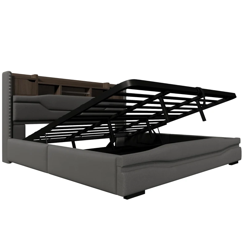 Cama estofada 180×200 cm, cama com arrumação hidráulica, sem colchão, 219x186,5x110 cm, Cinzento