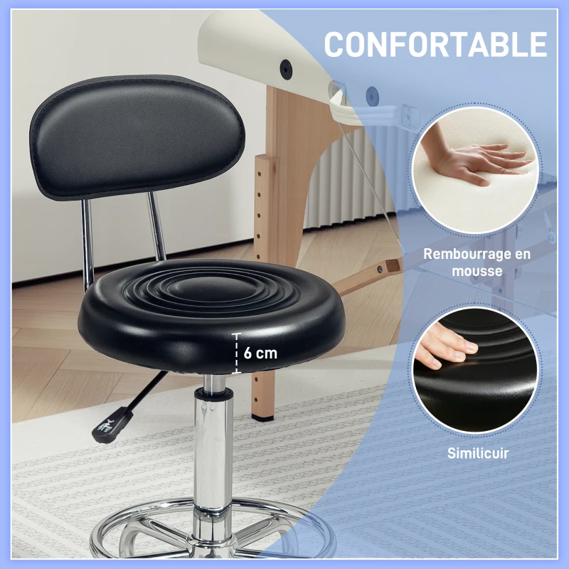 HOMCOM Tabouret à roulettes, tabouret de massage avec hauteur réglable 70-86 cm et dossier, pivotant 360°, noir