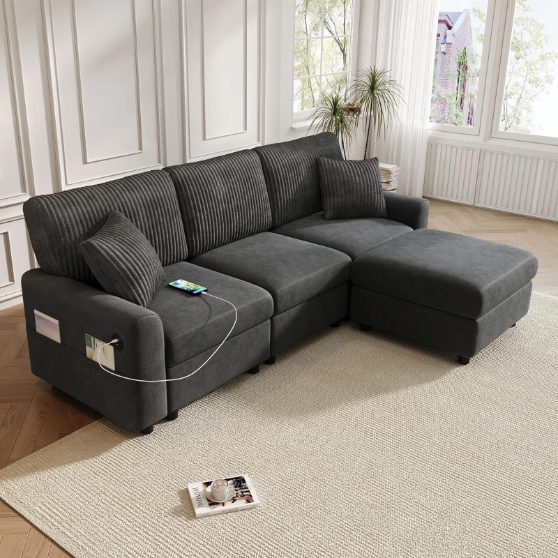 Divano moderno con pouf poggiapiedi, ricarica laterale doppia e 2 cuscini quadrati, 223x146x84 cm, Nero