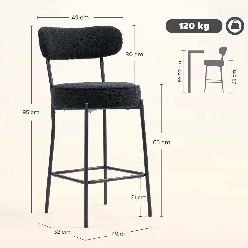 HOMCOM 2-delige Barstoelen met Gestoffeerde Zitting en Voetensteun, Fleece Bekleding, Metalen Frame, Zwart
