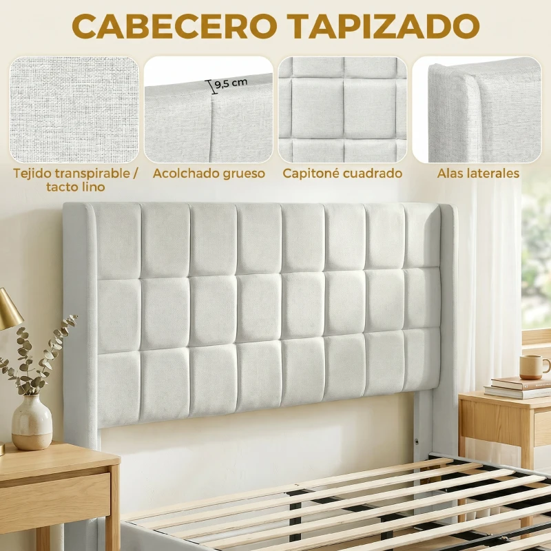 HOMCOM Cama 135x190 cm con Almacenaje Inferior Tapizada y Cabecero Acolchado con Orejas Beige