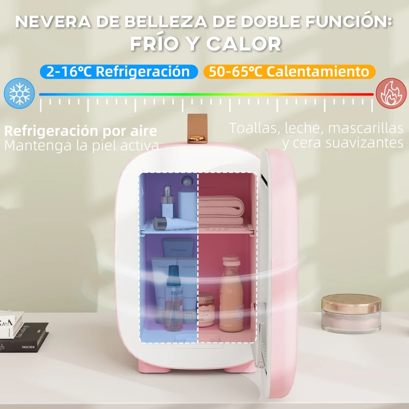HOMCOM Nevera Pequeña Extrasilenciosa 4L 9V/240V para Enfriar y Calentar Mini Frigorífico 20,3x26,3x28 cm Rosa Palo