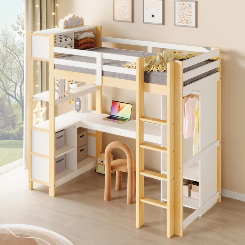 Cama alta 90x200 cm, grade de segurança para crianças a partir dos 6 anos, sem colchão, 232,5x100x189,5 cm, Cor natural
