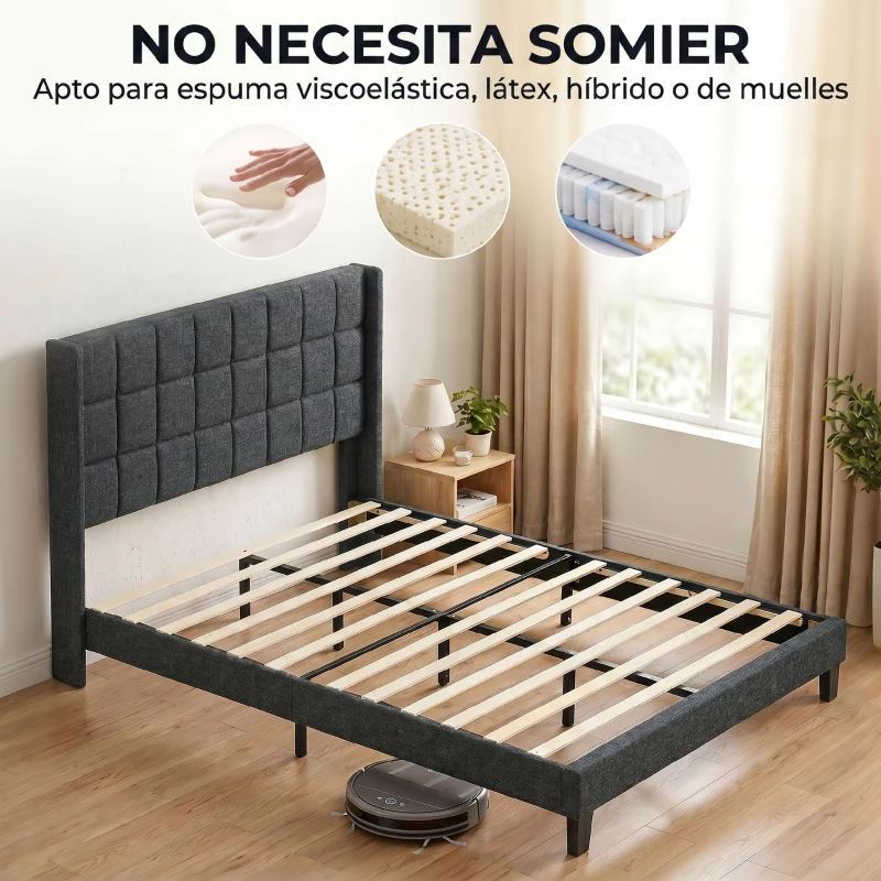 HOMCOM Cama 135x190 cm con Almacenaje Inferior Tapizada y Cabecero Acolchado con Orejas Gris